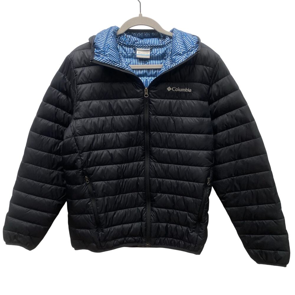 Columbia Black Puffer Jacket with Blue Lined Hood